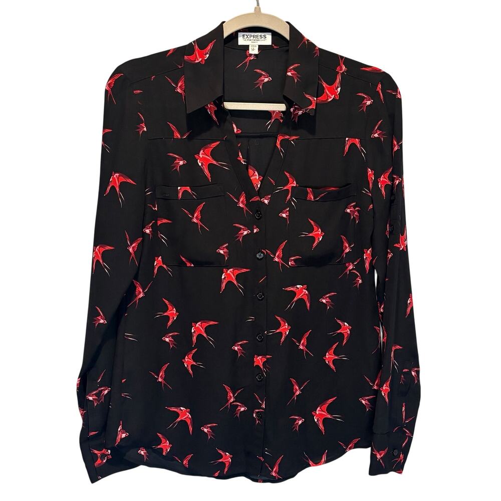 Express the Portofino Shirt Slim Fit Black Button Front Bird Print Top - Small